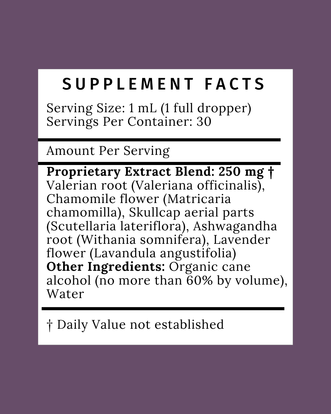 Dream Tincture supplement facts showing ingredients for natural sleep aid