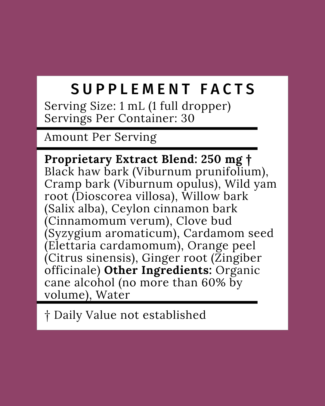 Supplement facts for Flow Tincture with herbs for uterine relaxation and cramp relief