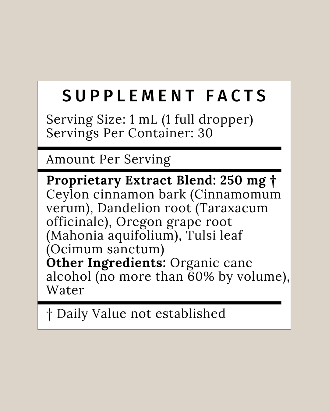 Luna Blooms Supplement facts for Balance Tincture with berberine, dandelion, cinnamon, and tulsi to regulate insulin and cravings