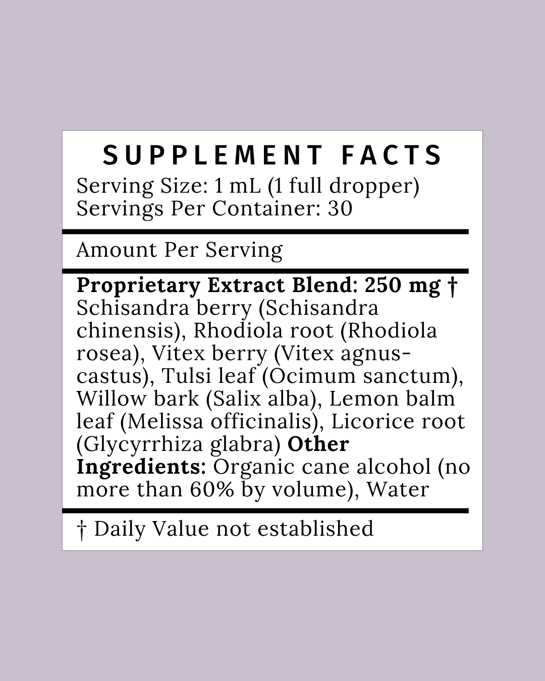 Supplement facts for Bliss Tincture with calming herbs like lemon balm, chamomile for emotional and hormonal balance