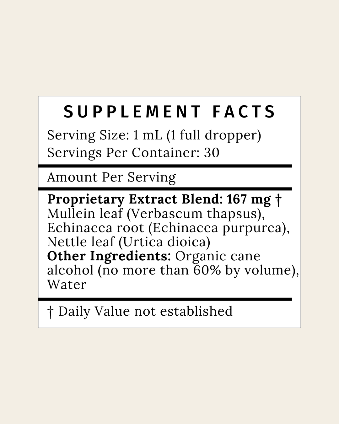 Supplement facts for Clear Tincture – includes nettle, mullein, and echinacea for inflammation and congestion relief