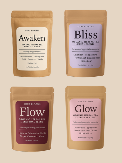 Luna Blooms Cycle Syncing Teas — Awaken, Bliss, Flow, and Glow for every phase of your menstrual cycle - herbs for cycle syncing