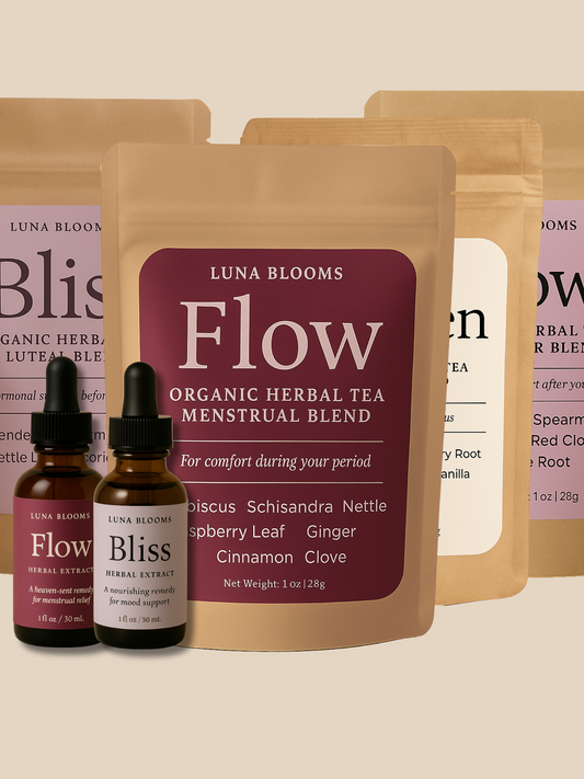 Luna Blooms Flow Tea, Flow Tincture, and Bliss Tincture — natural relief for period cramps and PMS