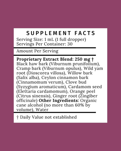 Supplement facts for Flow Tincture with herbs for uterine relaxation and cramp relief