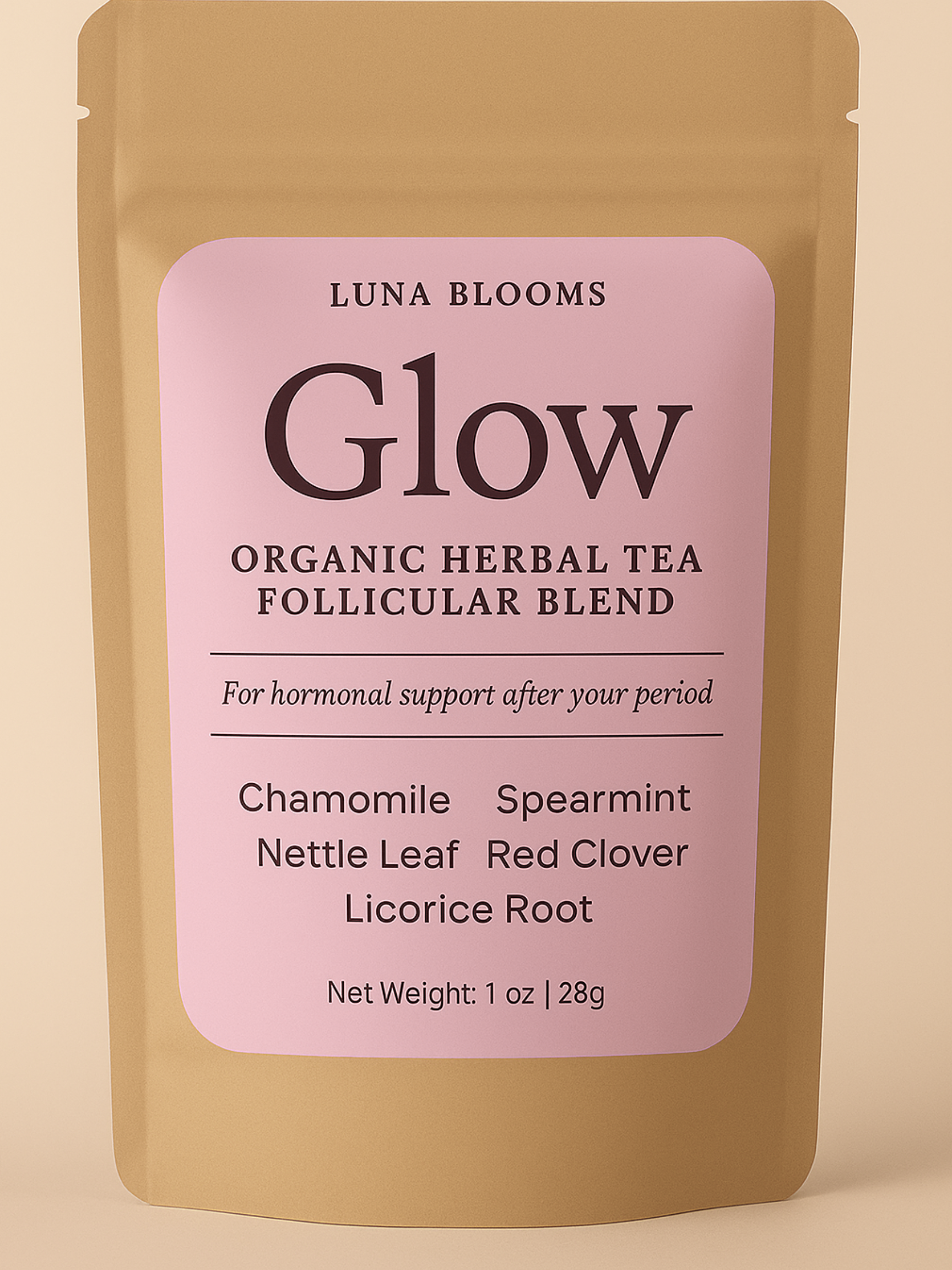 Luna Blooms Glow organic herbal tea packaging on a beige background