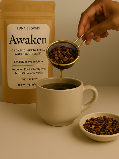 Lifestyle image of a hand pouring roasted Awaken Tea herbs into a gold tea strainer above a beige mug, with Luna Blooms packaging and a small bowl of loose herbal roots nearby.