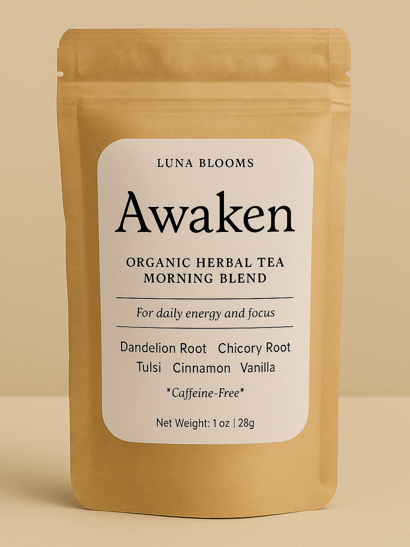 Luna Blooms Awaken Tea pouch with minimalist cream label, listing roasted roots and warming herbs for daily energy and focus without caffeine.