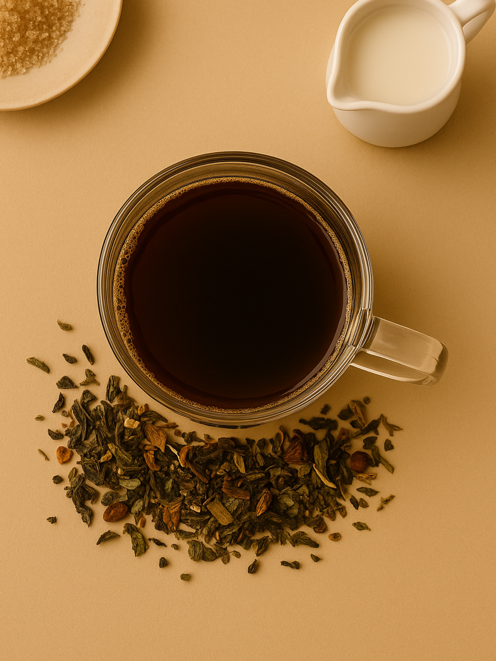 Glass mug filled with dark brewed Awaken Tea next to a small pitcher of cream and a plate of raw sugar, evoking a cozy herbal coffee alternative ritual.