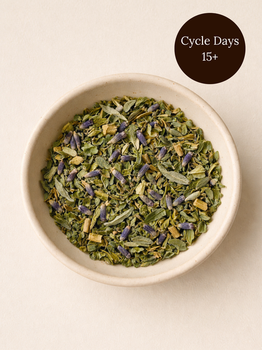 Flow herbal tea blend for menstrual comfort with hibiscus, schisandra berry, and ginger