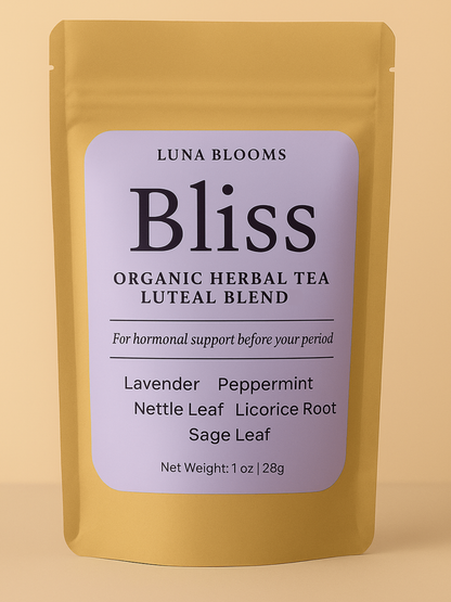 Luna Blooms Bliss organic herbal tea package on a beige background