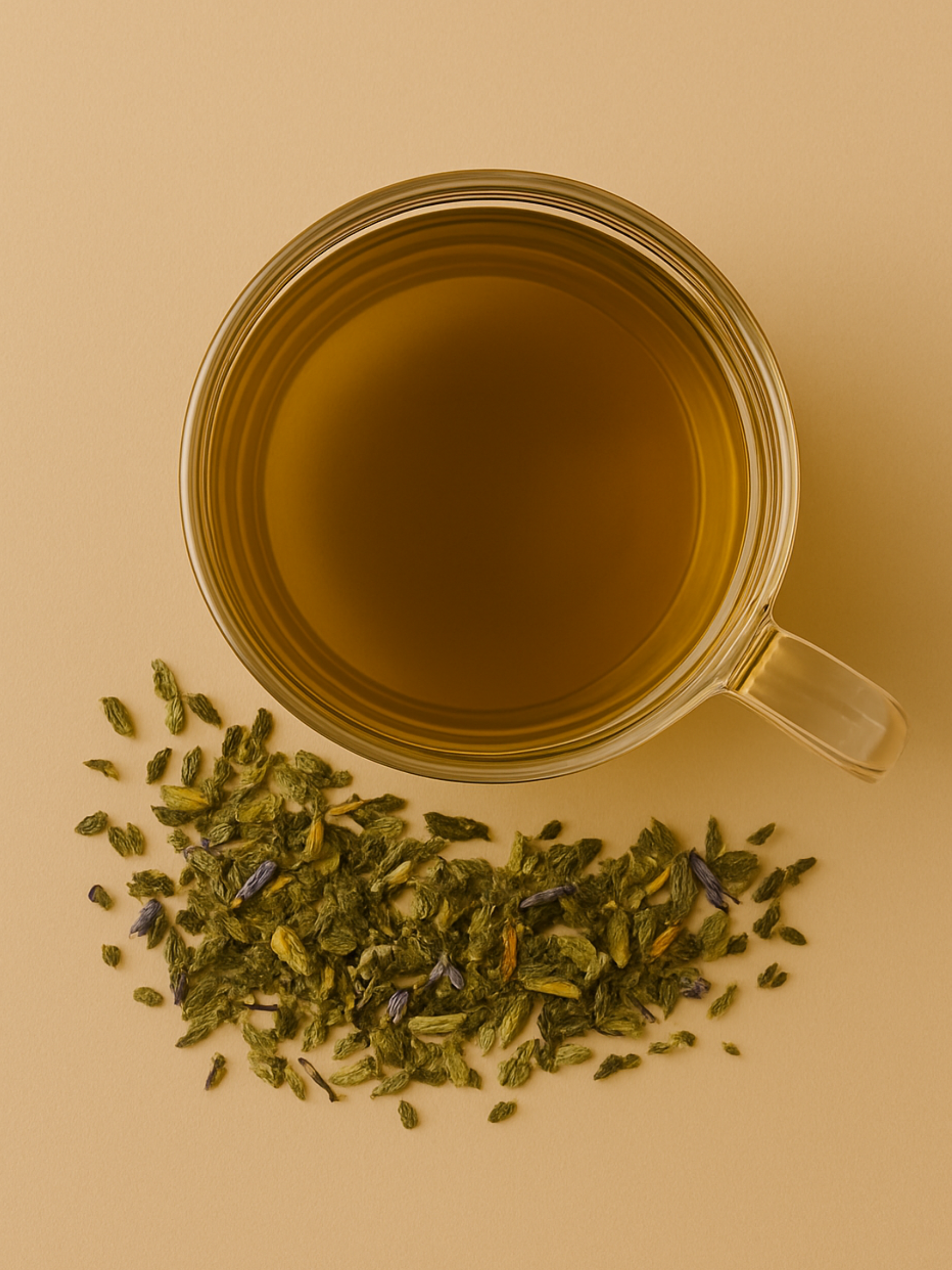 Overhead image of a brewed cup of Bliss Tea beside scattered dried herbs, including visible lavender and green leafy blends.