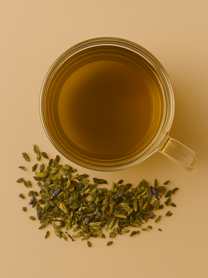 Overhead image of a brewed cup of Bliss Tea beside scattered dried herbs, including visible lavender and green leafy blends.