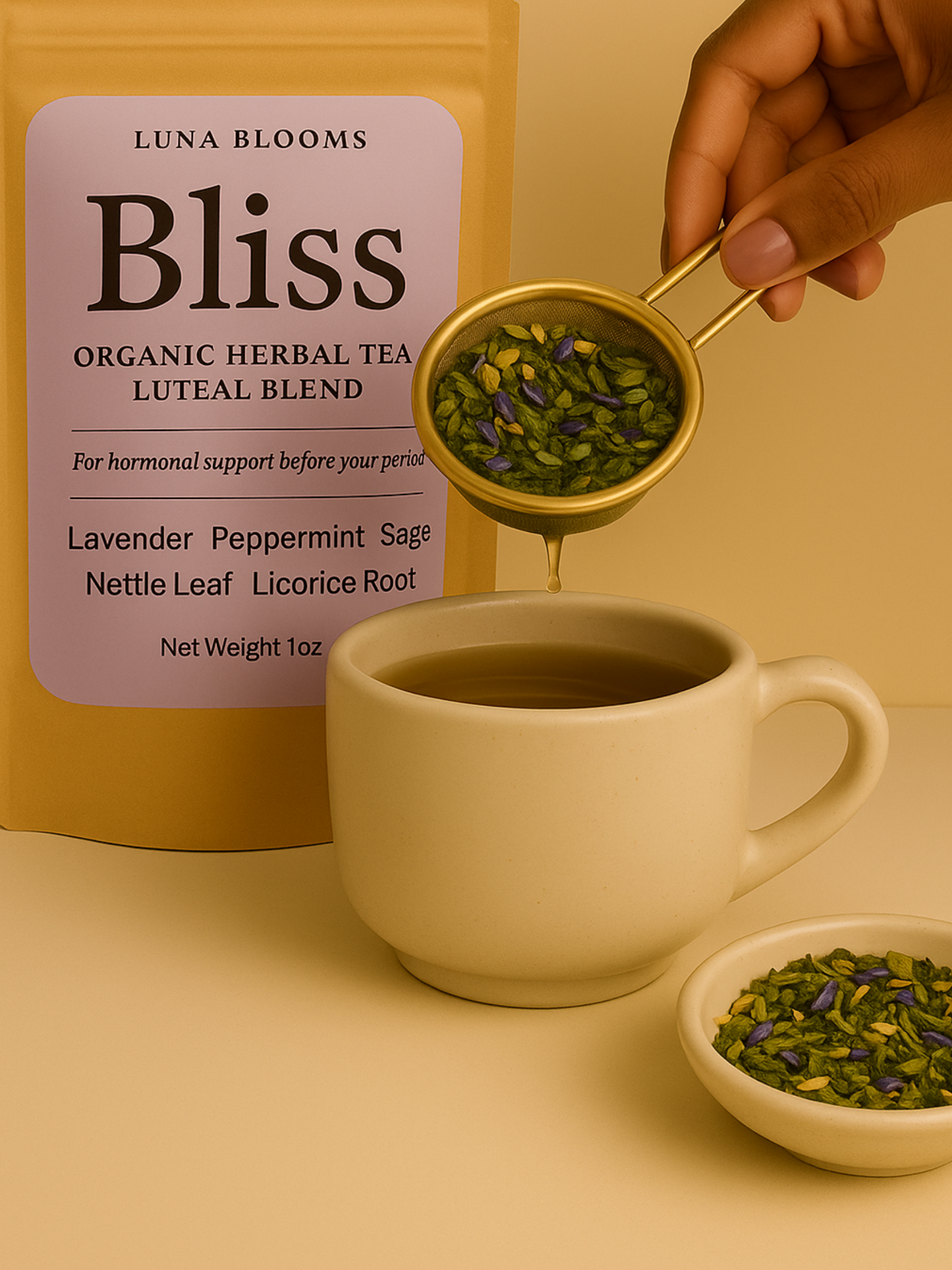 Luna Blooms Bliss herbal tea and tincture set for luteal phase support and mood relief before your period