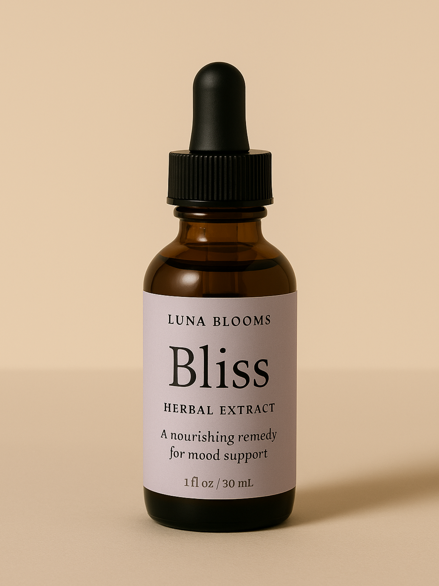 Luna Blooms Bliss Herbal Tincture  – 1 oz amber bottle formulated to ease PMS symptoms and support emotional well-being before your period