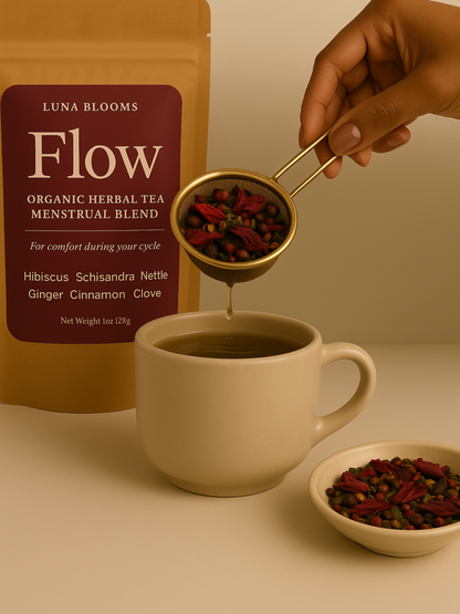 Luna Blooms Flow herbal tea and tincture set for menstrual cramps and period comfort