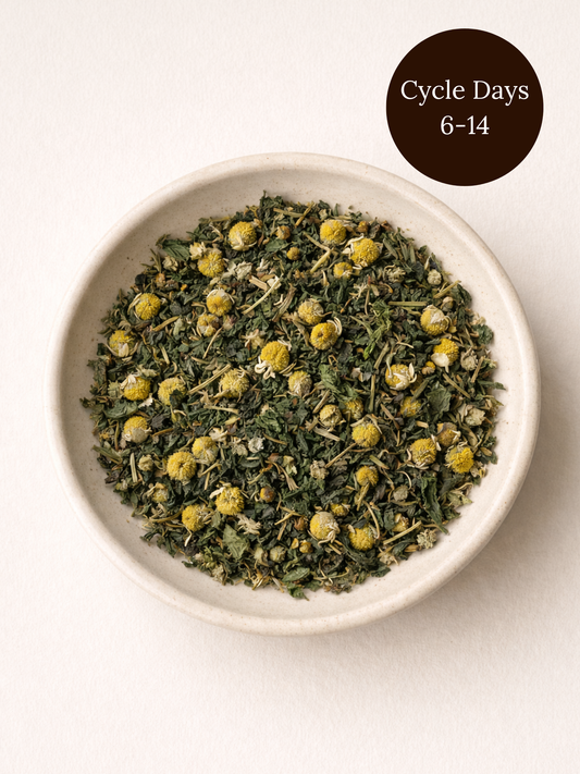Glow follicular phase herbal tea blend with chamomile, nettle leaf, spearmint, and red clover for cycle syncing
