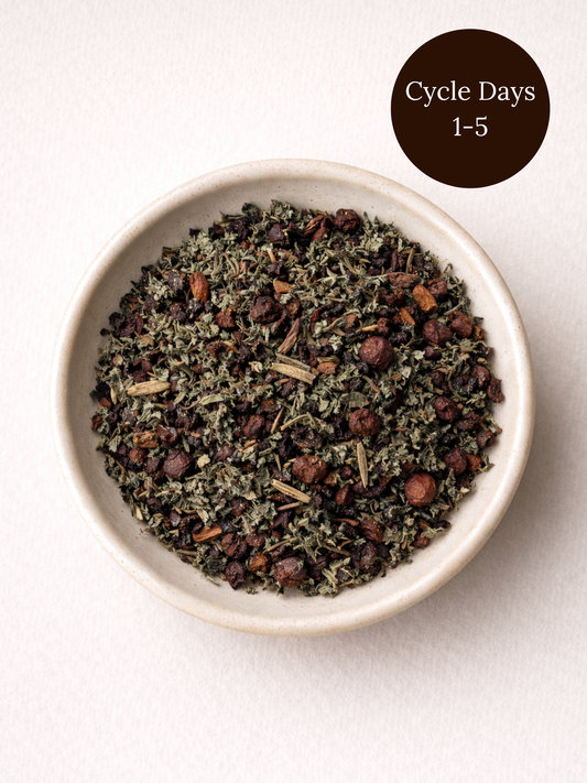 Flow herbal tea blend for menstrual comfort with hibiscus, schisandra berry, and ginger