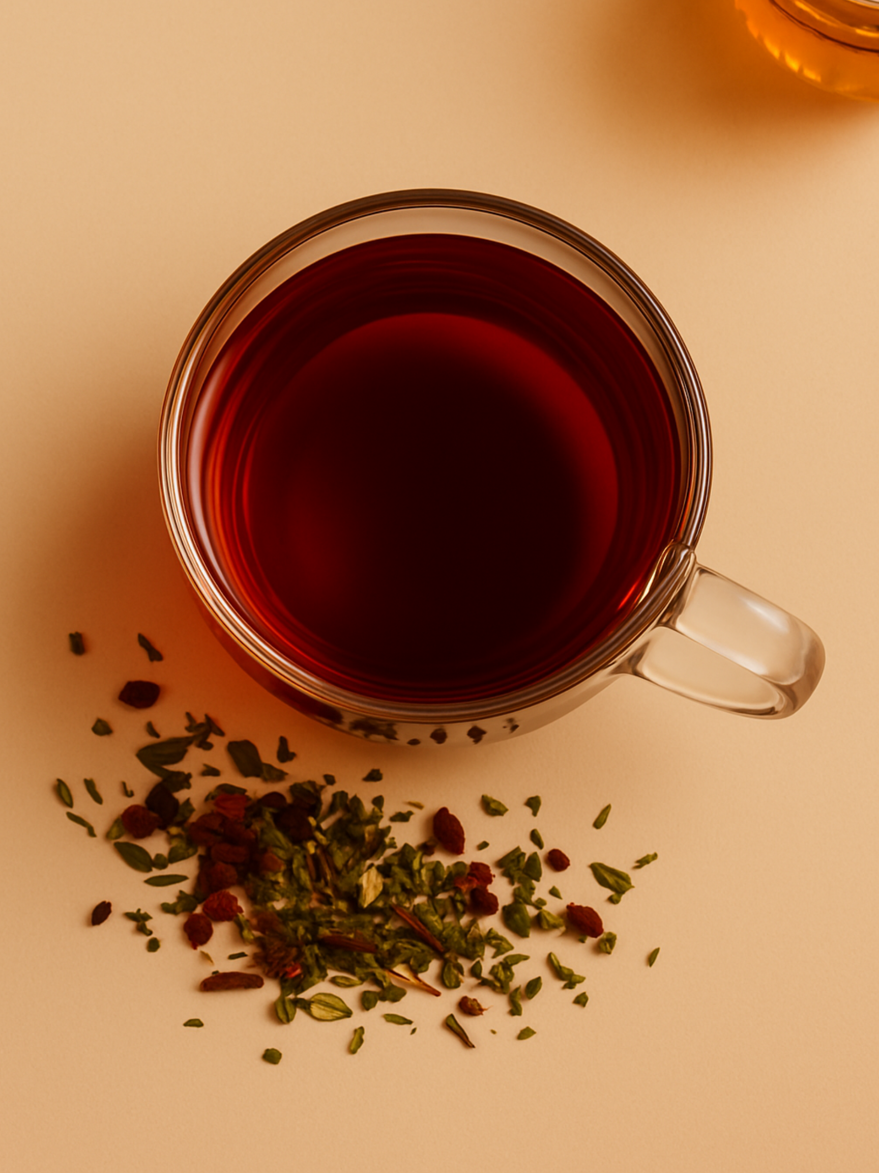Overhead image of a glass mug filled with steeped Flow Tea in a deep reddish hue, with dried menstrual support herbs scattered nearby.