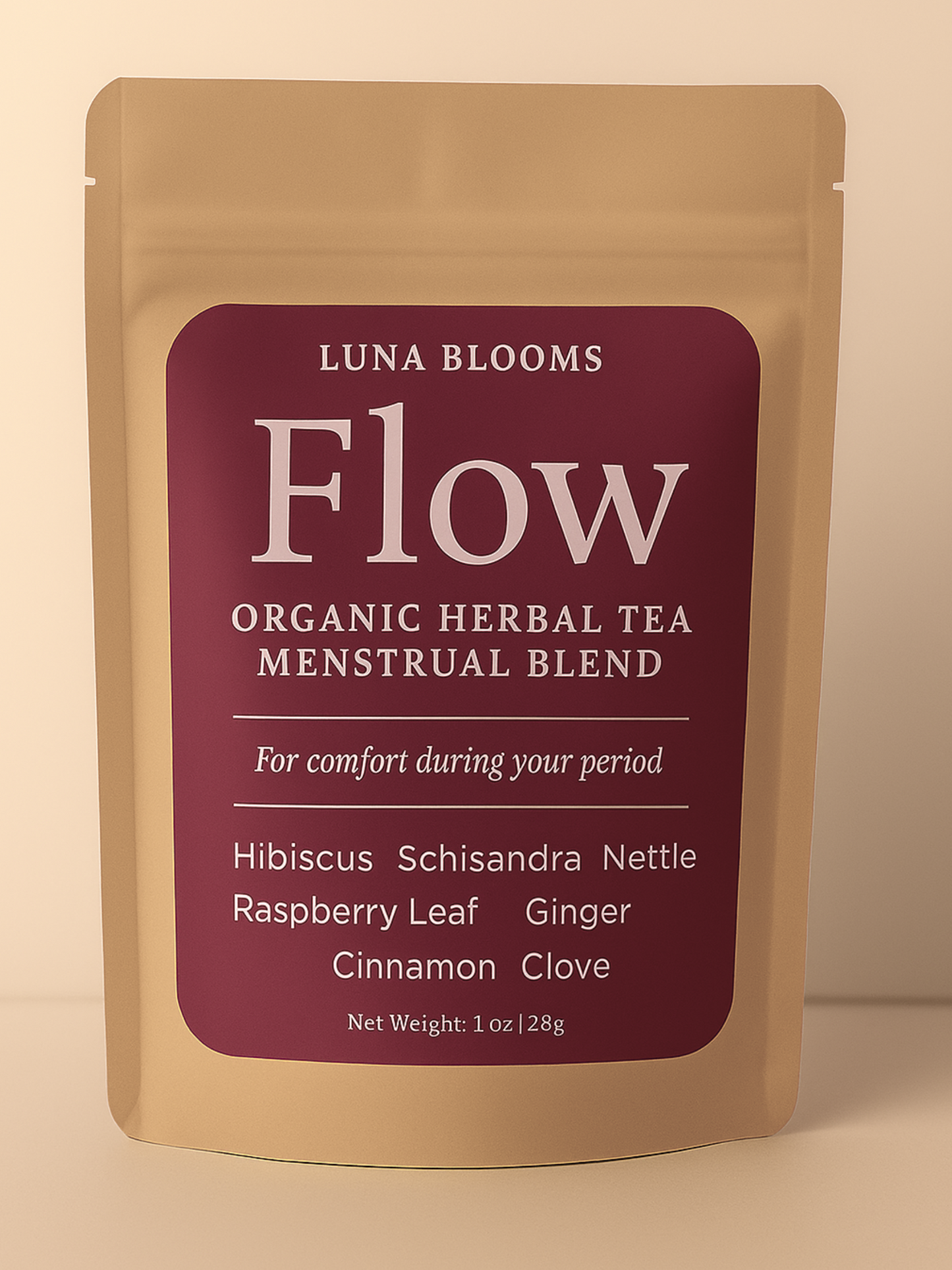 Luna Blooms Flow organic herbal tea menstrual blend package on a beige background