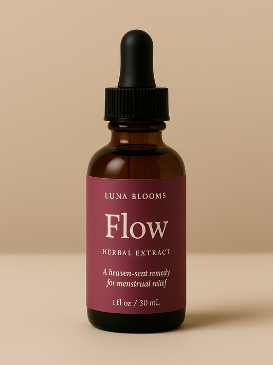Tincture bottle of Luna Blooms Flow Herbal Extract, a natural cramp relief remedy with herbs like black haw and wild yam. Menstrual support for cycle syncing routines.