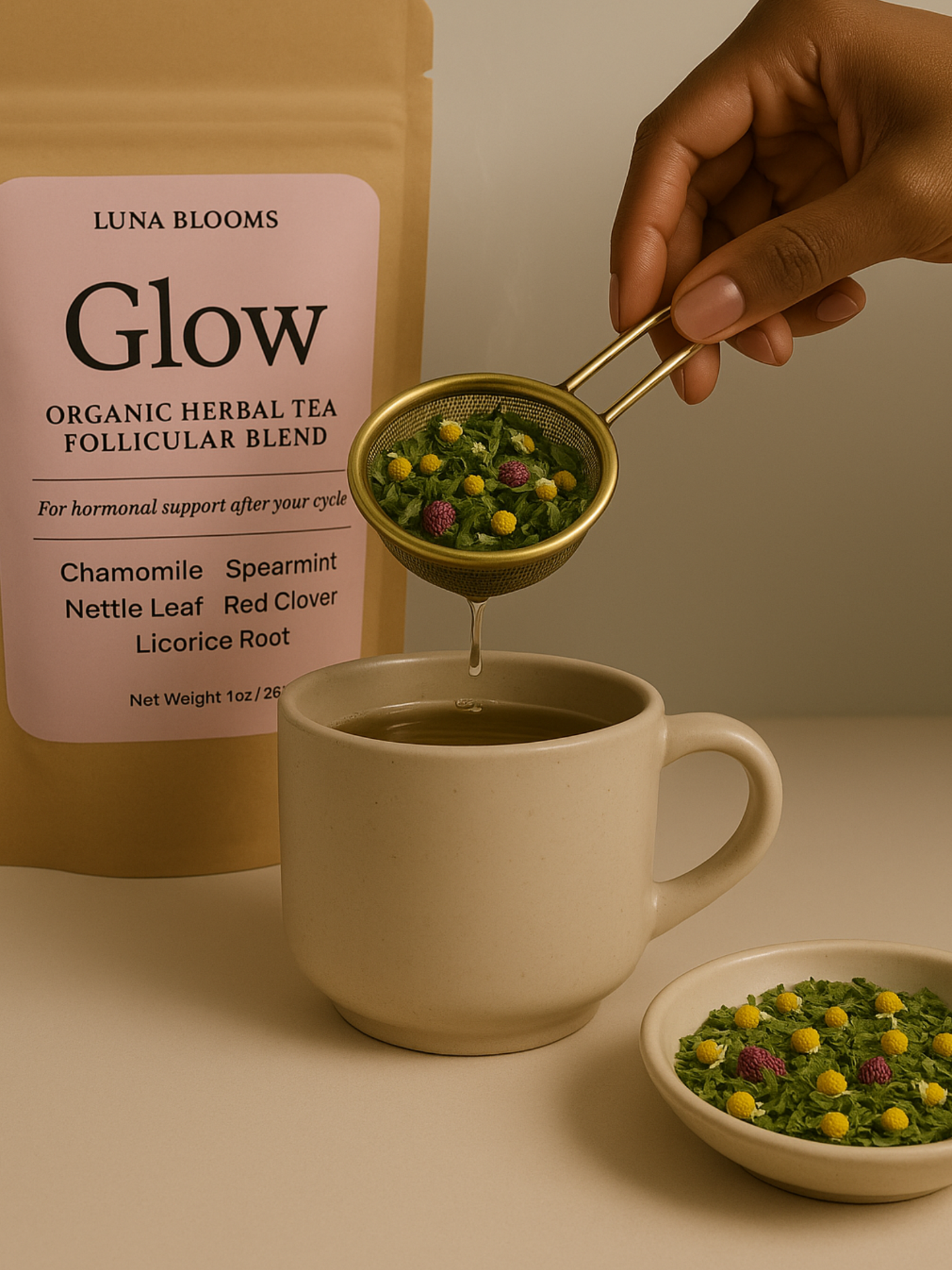 A hand pours dried Glow Tea herbs into a steeping basket over a beige ceramic mug, with Luna Blooms packaging and a small dish of herbs in the background.