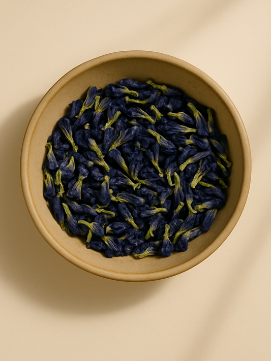 Close-up of Luna Blooms organic butterfly pea flowers used in Aura Tea for teen periods
