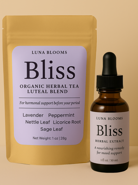 Luna Blooms Bliss herbal tea and tincture set for luteal phase support and mood relief before your period