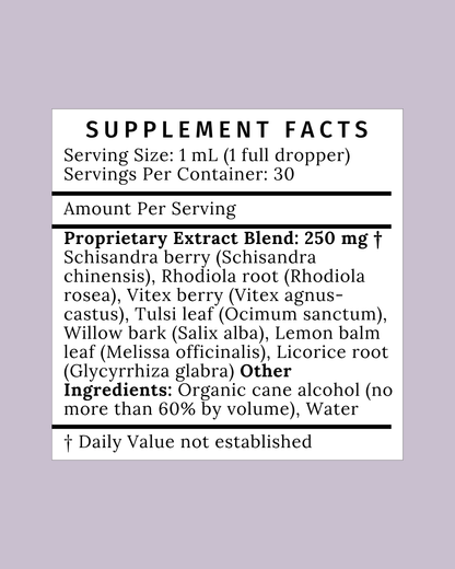 Supplement facts for Bliss Tincture with calming herbs like lemon balm, chamomile for emotional and hormonal balance