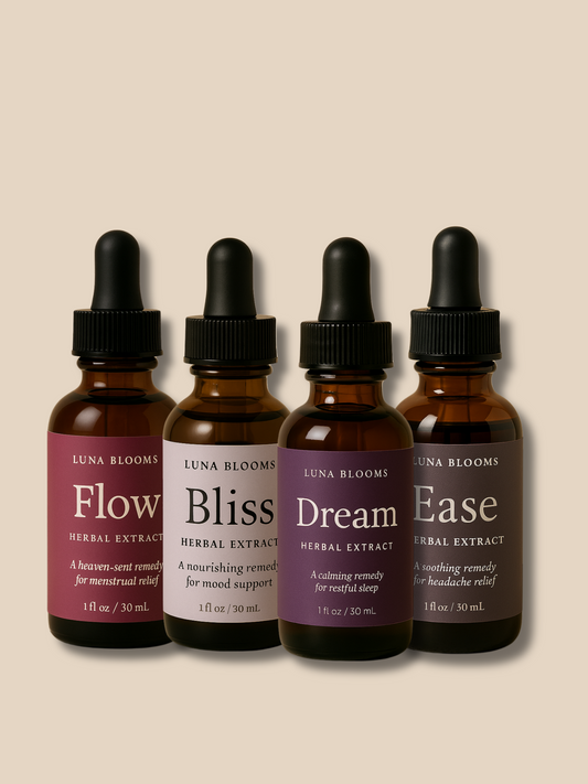Luna Blooms Comfort Collection — Flow, Bliss, Dream, and Ease Tinctures for cramps, mood, sleep, and hormonal headaches