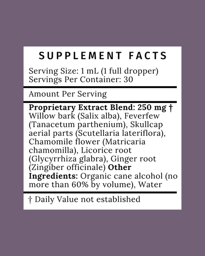 Supplement facts for Luna Blooms Ease Tincture – with willow bark, feverfew, chamomile, and ginger