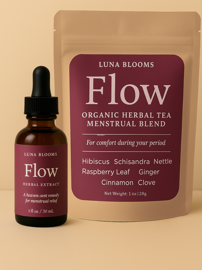 Luna Blooms Flow herbal tea and tincture set for menstrual cramps and period comfort