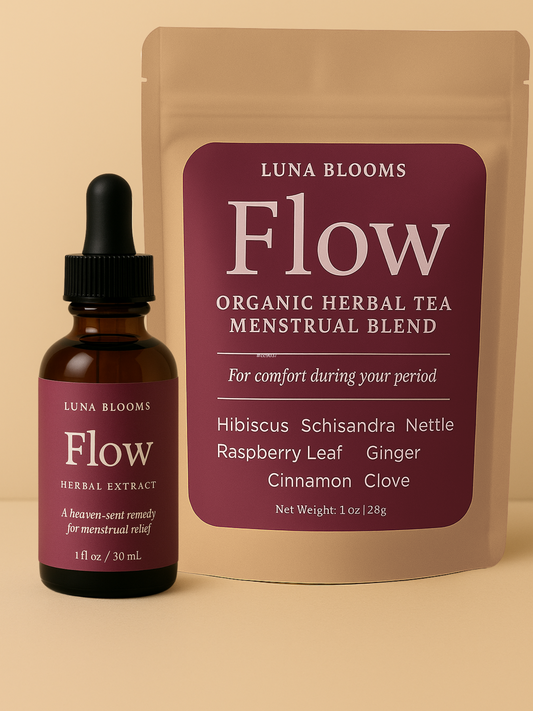 Luna Blooms Flow herbal tea and tincture set for menstrual cramps and period comfort