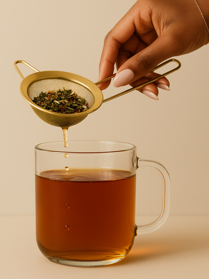 Hand using a gold tea strainer to pour black owned tea into a glass mug on a beige background