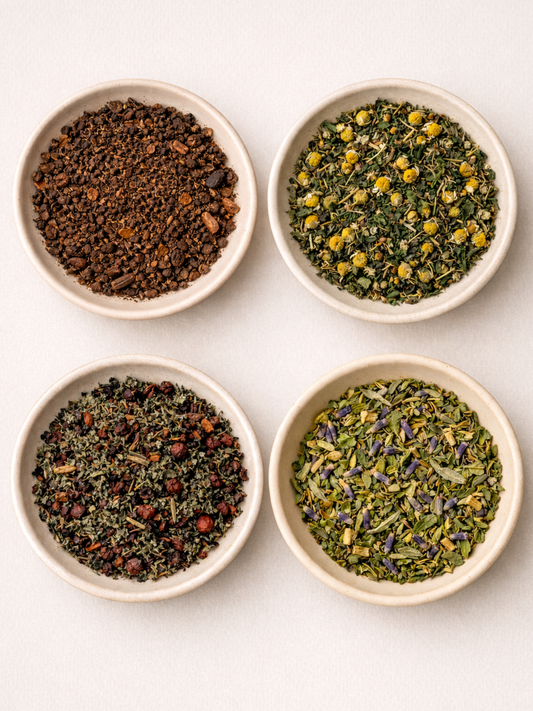 Cycle syncing tea ritual kit with four loose leaf herbal blends for each phase of the menstrual cycle