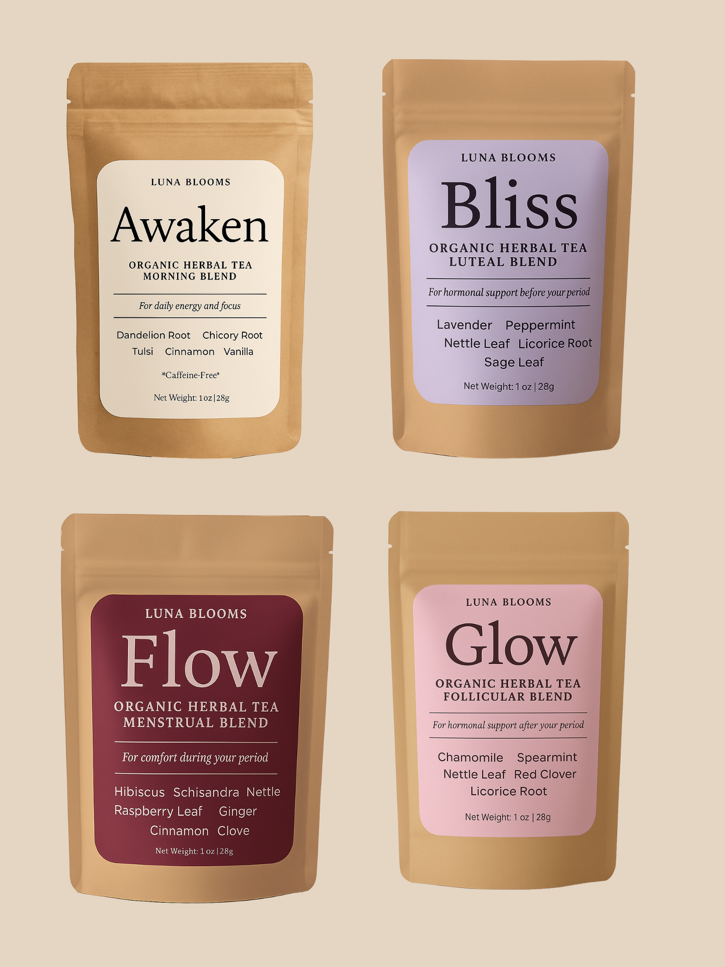 Four Luna Blooms organic herbal teas: Awaken, Bliss, Flow, and Glow, aligned with phases of the menstrual cycle