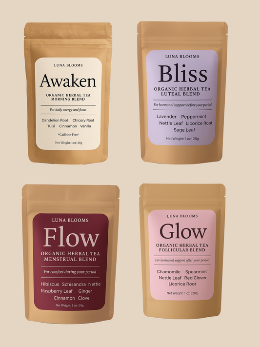 Four Luna Blooms organic herbal teas: Awaken, Bliss, Flow, and Glow, aligned with phases of the menstrual cycle