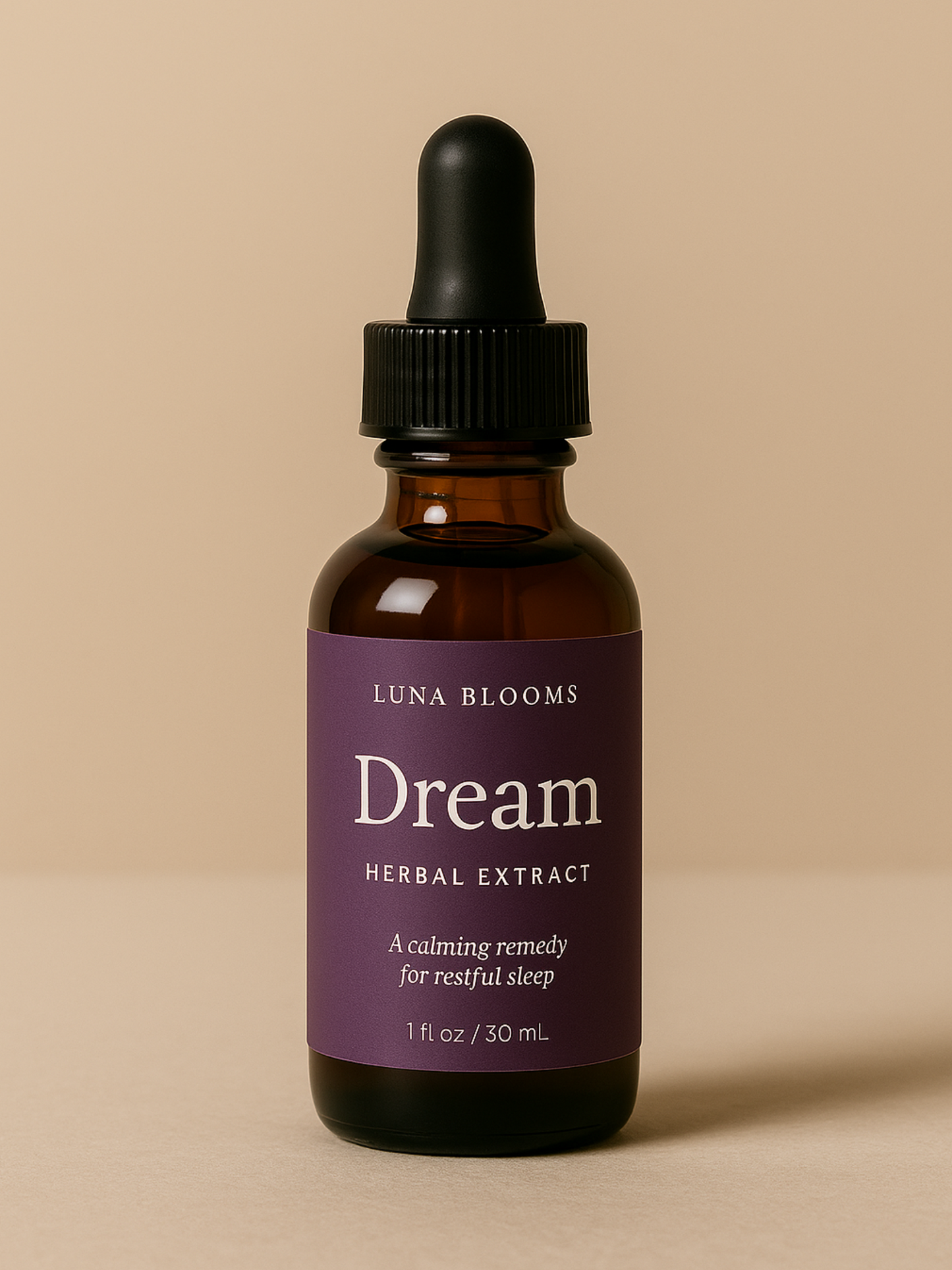 Luna Blooms Dream Herbal Tincture for restful sleep – calming botanical extract blend with valerian, lavender, skullcap, and chamomile