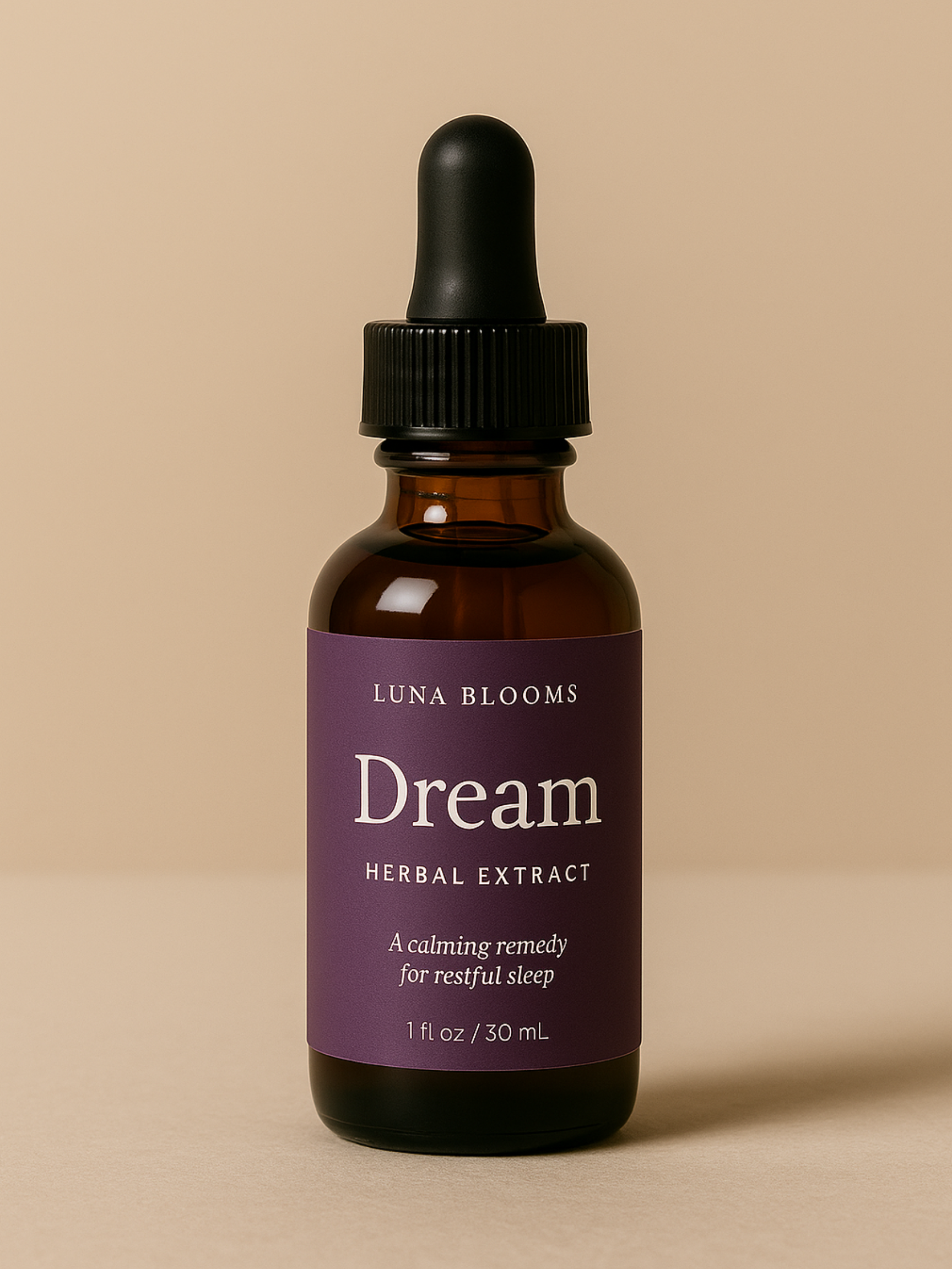 Luna Blooms Dream Herbal Tincture for restful sleep – calming botanical extract blend with valerian, lavender, skullcap, and chamomile
