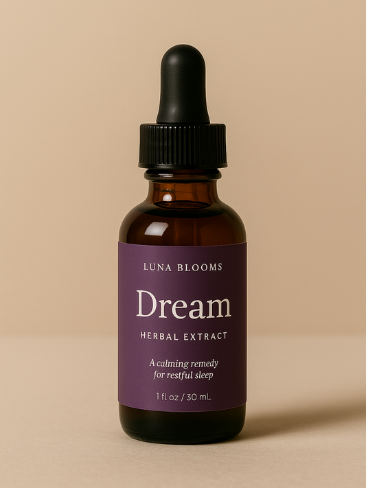 Luna Blooms Dream Herbal Tincture for restful sleep – calming botanical extract blend with valerian, lavender, skullcap, and chamomile