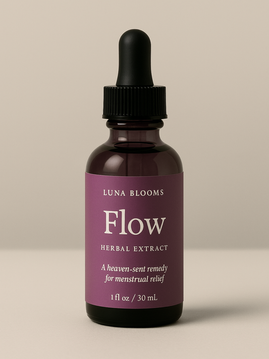 Flow tincture for menstrual cramp relief and pelvic pain support from Luna Blooms