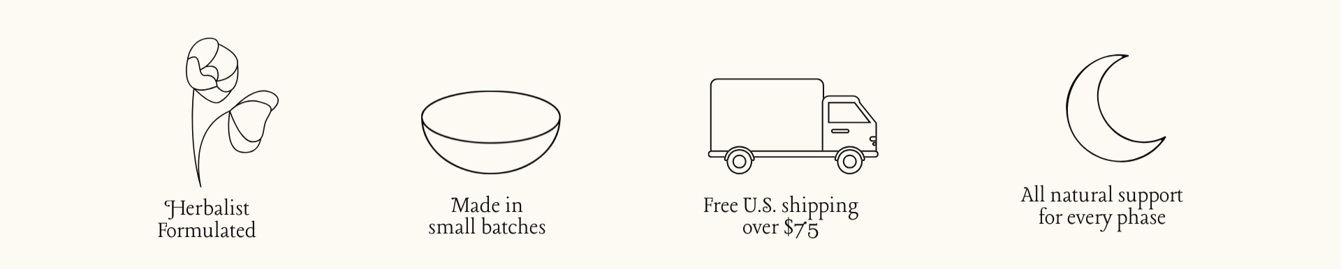 Luna Blooms brand icons: Herbalist formulated, small batch made, free U.S. shipping over $75, and all-natural support for every cycle phase.