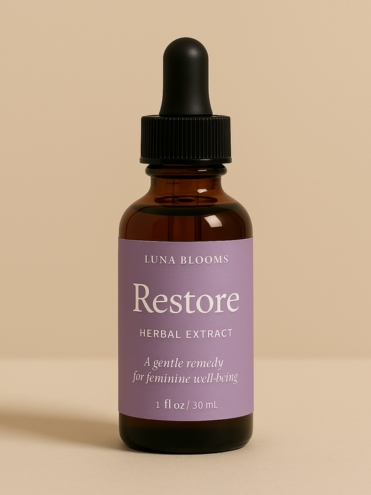 Restore Tincture by Luna Blooms – Gentle herbal remedy for lymphatic support, cysts, breast health, and detox.